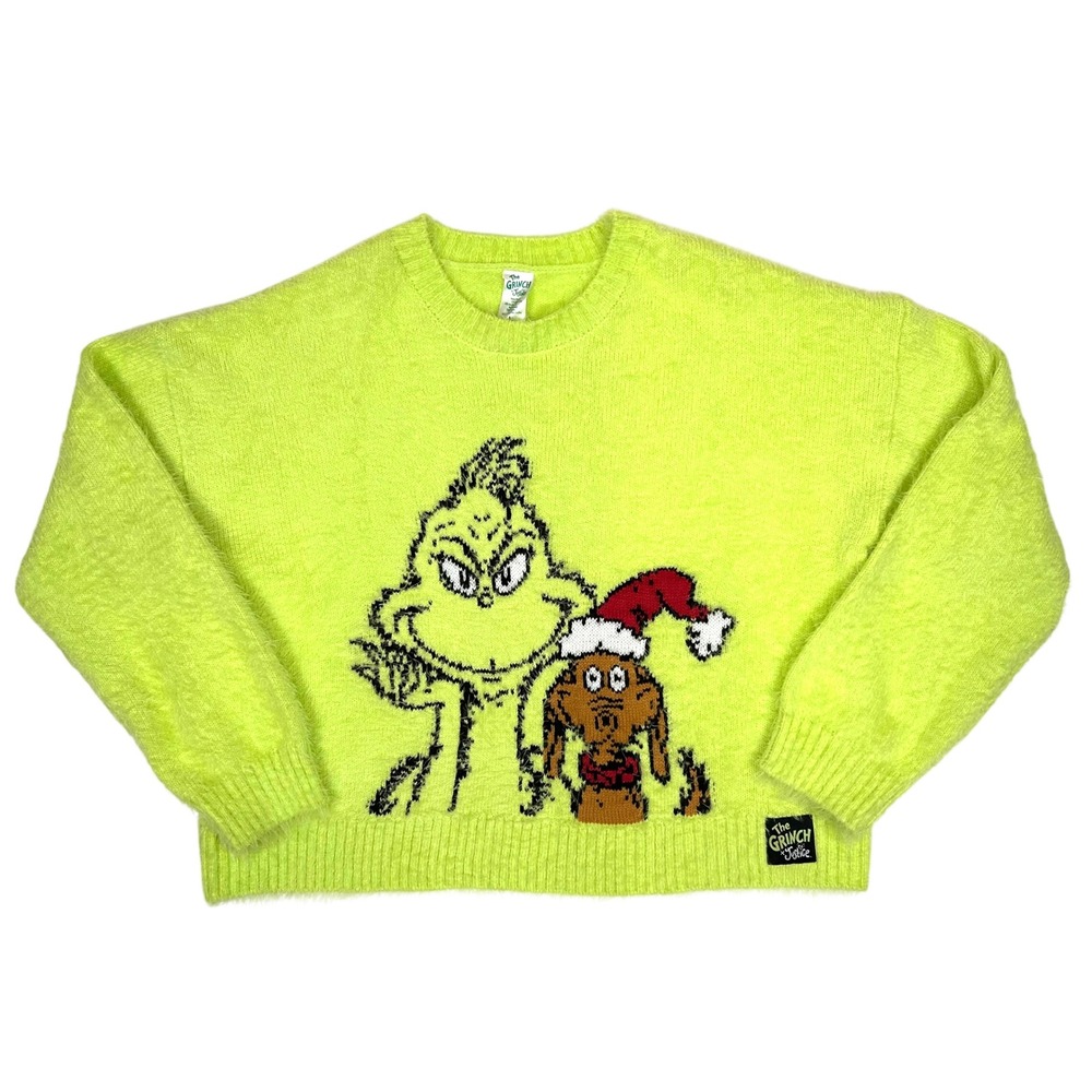 Justice x The Grinch Girls Lime Green Fuzzy Holiday Sweater Max Graphic L 12/14